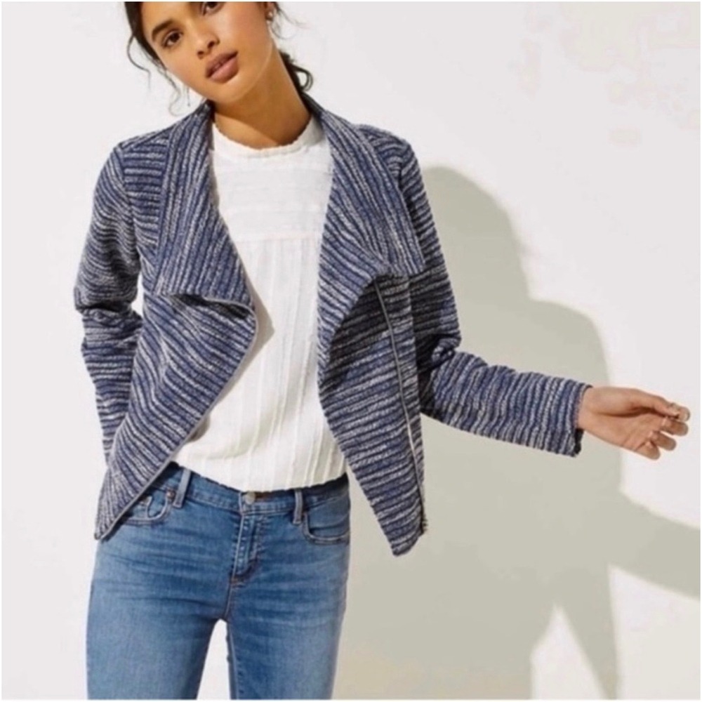 Loft Moto‎ Blue Striped Tweed Knit Asymmetrical Jacket Size XL